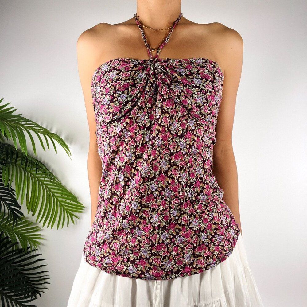 Women's Vintage Y2K Purple Floral Cottagecore Bohemian Summer Halter Top / S